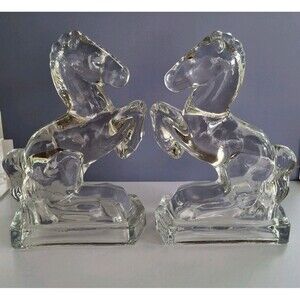 Vintage Bookends Clear Glass Horse Horses Mid Century Rearing LE Smith Heavy